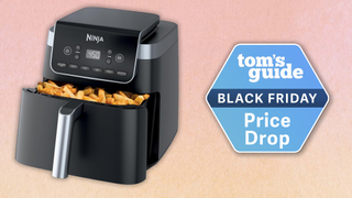 a photo with a peach background showing the ninja pro xl 6-in-1 air fryer on the left with a tom's guide black friday badge on the right