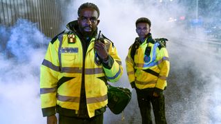 Jacob Masters (CHARLES VENN), Teddy (MILO CLARKE) in the Casualty Christmas Special 2024