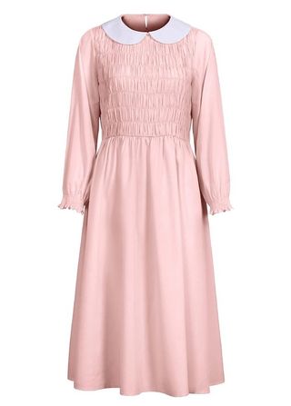 Women Halloween Pretty Cute Vintage Dress Long Puff Sleeve Smocked Peter Pan Collar Costume Pink S