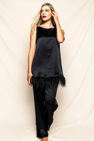 Petite Plume 100% Mulberry Black Silk Tunic Set with Feathers 