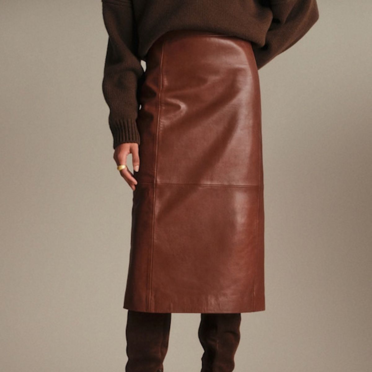 sezane brown leather midi skirt