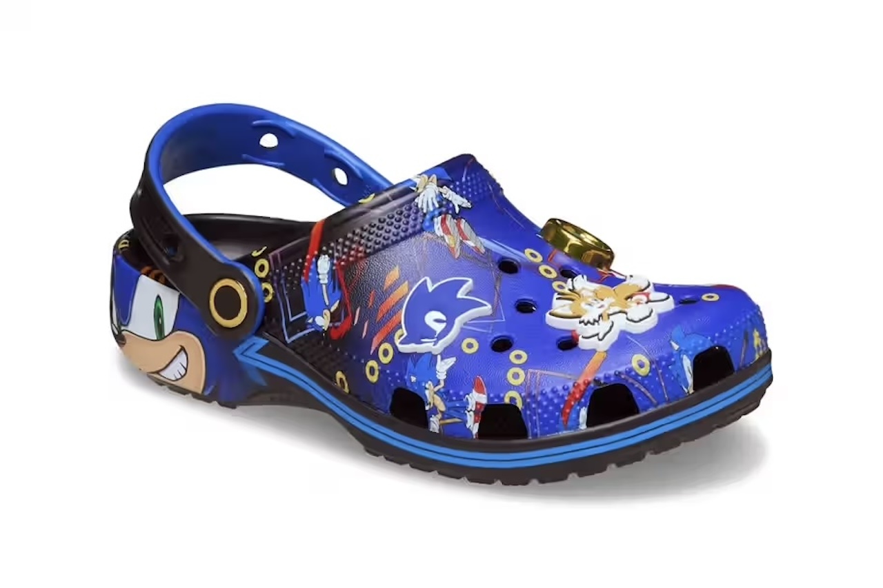 The new Sonic and Crocs collab from a sideview showing the strap and pins