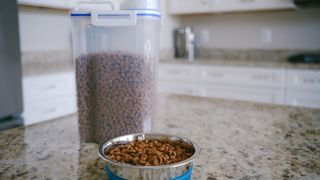 Pet food container next to food bowl.