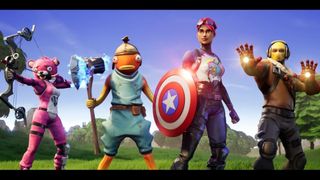 Disney - Epic announcement video still - four Fortnite characters holding Marvel superhero weapons