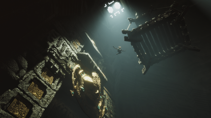A shot from below as Lara Croft leaps across a chasm in Tomb Raider: Legacy of Atlantis