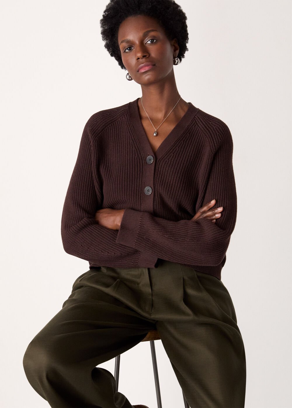Brown V Neck Cotton Cardigan