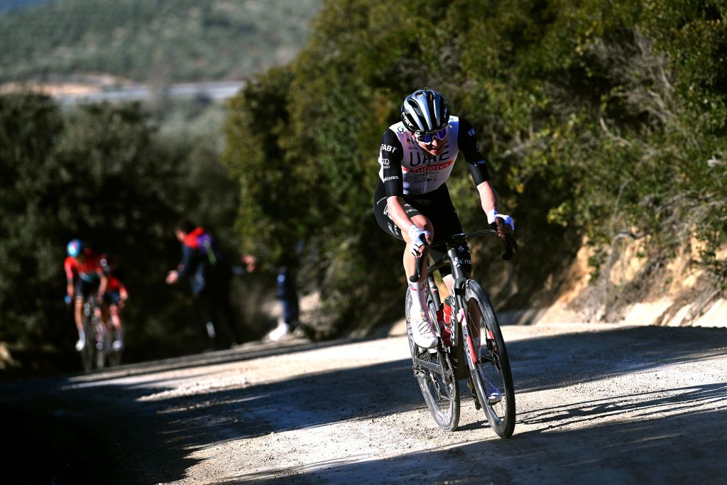 BAEZA SPAIN FEBRUARY 13 Tadej Pogacar of Slovenia and UAE Team Emirates attacks in the chase group during the 2nd Clasica Jaen Paraiso Interior 2023 a 1789km one day race from beda to Baeza 752m ClsicaJan23 on February 13 2023 in Baeza Spain Photo by Dario BelingheriGetty Images