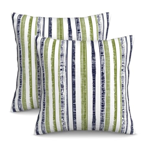 Kiuloam Boho Navy Blue and Green Striped Throw Pillow Covers 18 X 18 Inch Set of 2 Outdoor Decorative Pillow Cases Farmhouse Cushion Cases for Couch Bed Home Decor