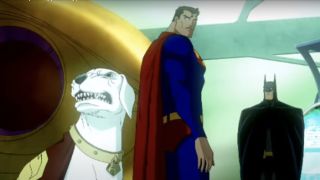 Krypto growling behind Superman and Batman in Superman/Batman: Apocalypse