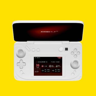 Ayaneo Flip DS handheld gaming PC on colourful yellow background