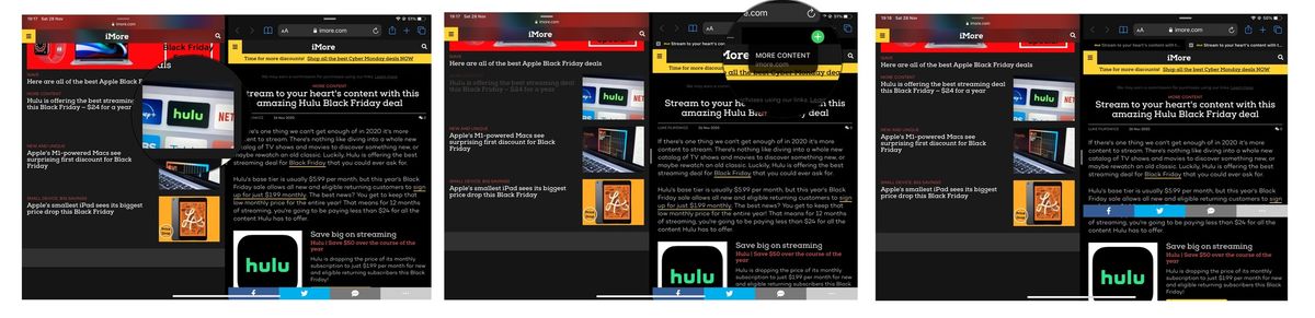 Open a link in the opposite screen by showing steps: Launch Safari. Touch and hold the link and drag it to the opposite screen. Let go of it where the other tabs are.