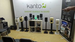 Kanto Audio Ren in a hi-fi room at Bristol Hi-Fi Show, with the company's entire lineup