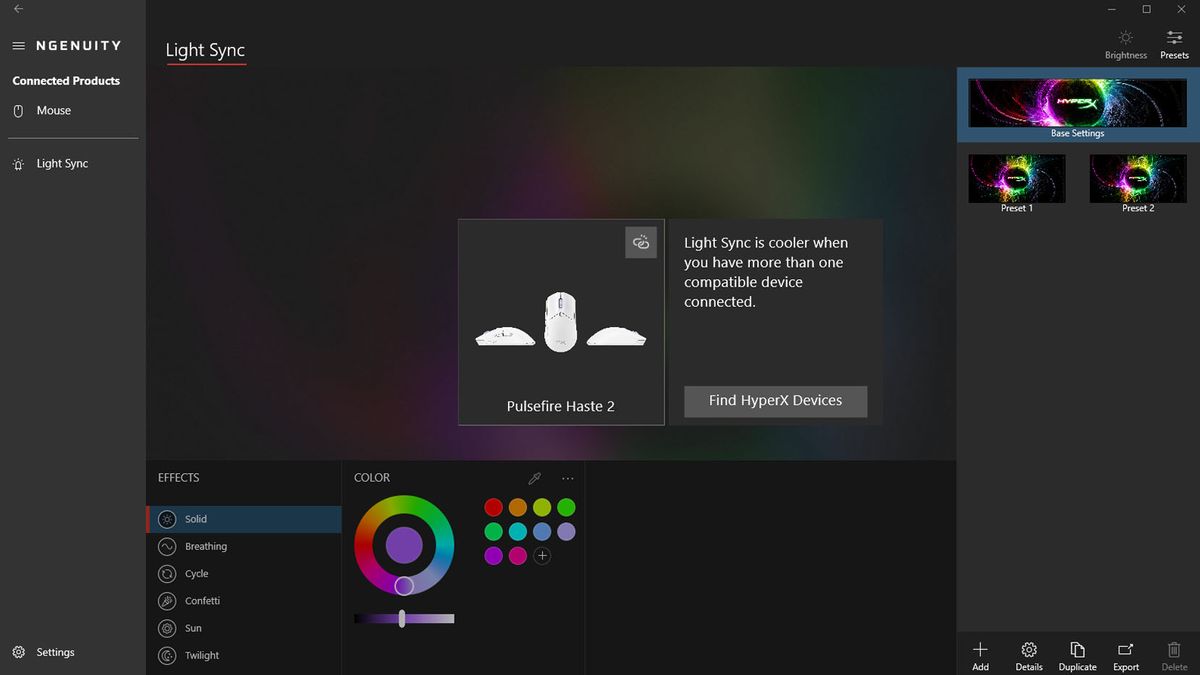 HyperX NGENUITY Light Sync options.