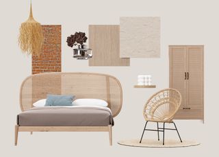 A mood board with a modern boho style bedroom furniture with home accessories.