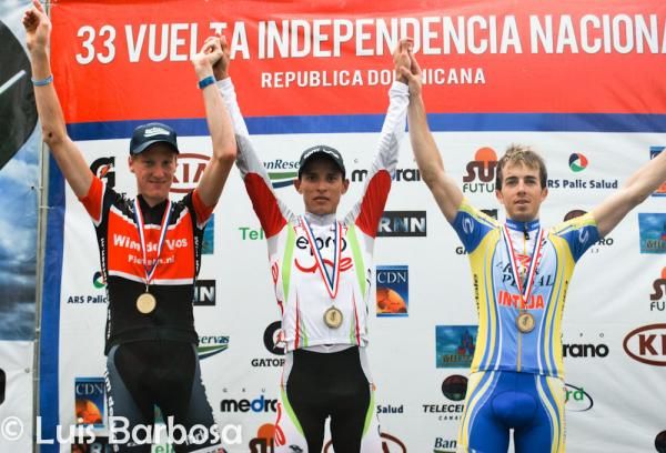 Stage 9 podium (l-r): Alain Van Der Velde, 2nd; Jaime Vergara, 1st; Diego Milan, 3rd