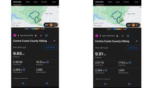 Two Garmin Connect app screenshots showing two near-identical hikes by the author, comparing their burned calories when hiking with or without a rucksack