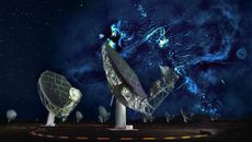 A pair of dishes from the MeerKAT telescope in South Africa. The night sky has been overlaid with radio bubbles observed by the telescope. 