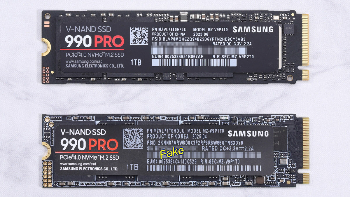 تم رؤية Samsung 990 Pro SSD المزيف بجوار محرك أقراص حقيقي
