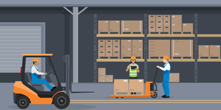 People working in a warehouse and one driving cart