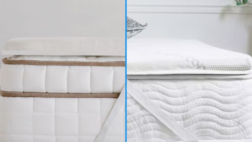 The Saatva Graphite Memory Foam Mattress Topper vs the Saatva Natural Latex Mattress Topper split screen