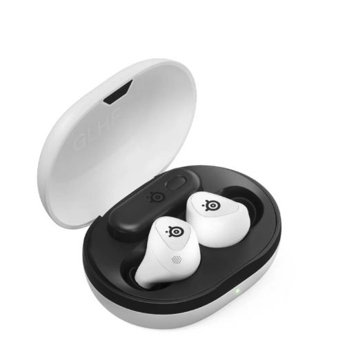 The SteelSeries Arctis GameBuds in open charging case in front of a white background
