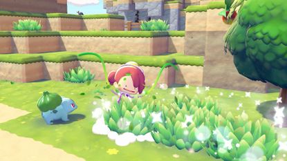 A screenshot of Pokemon Pokopia showing Ditto and Bulbasaur growing more grass in a blocky, green field