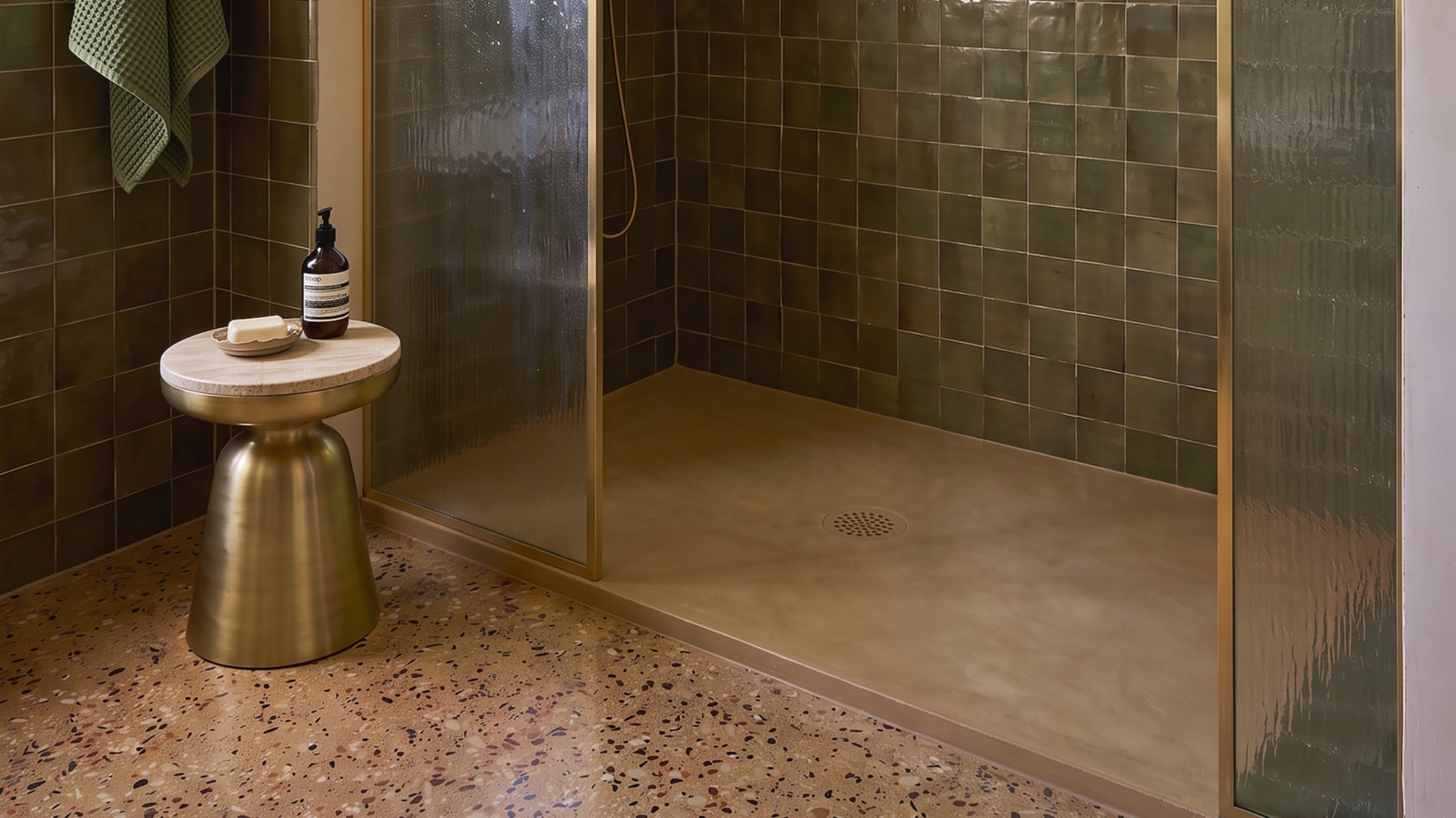 Warm beige shower tray with olive-green wall tiles, brass-framed glass screens, and a pink terrazzo floor beneath a plaster arch.