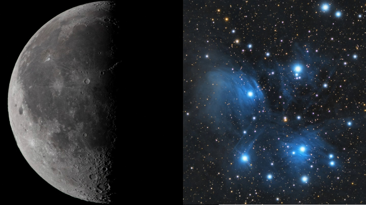 A composite image showing a picture of the half-lit third quarter moon on the left and the Pleiades star cluster on the right.
