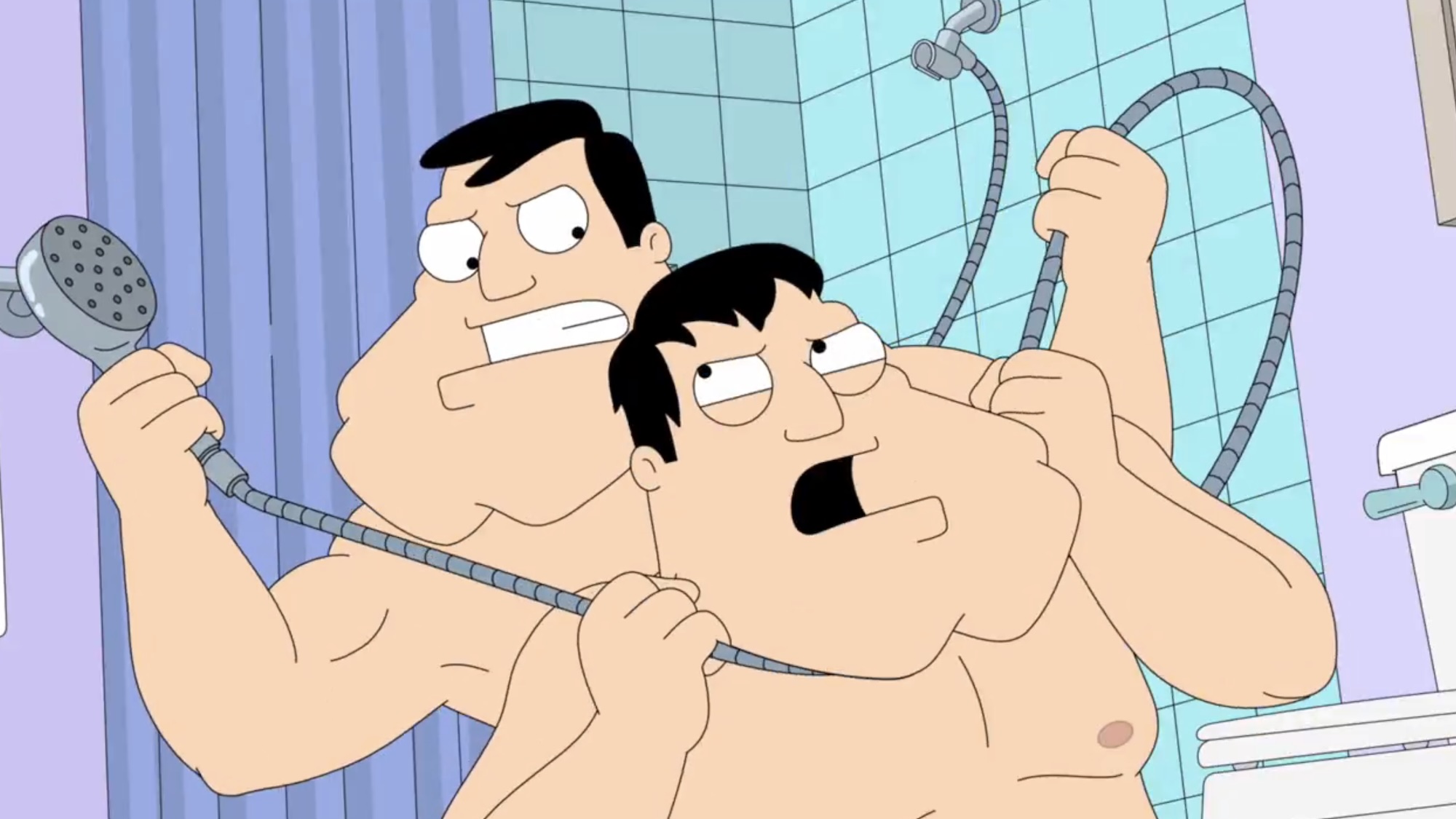 Stan choking Other Stan with shower head hose in American Dad