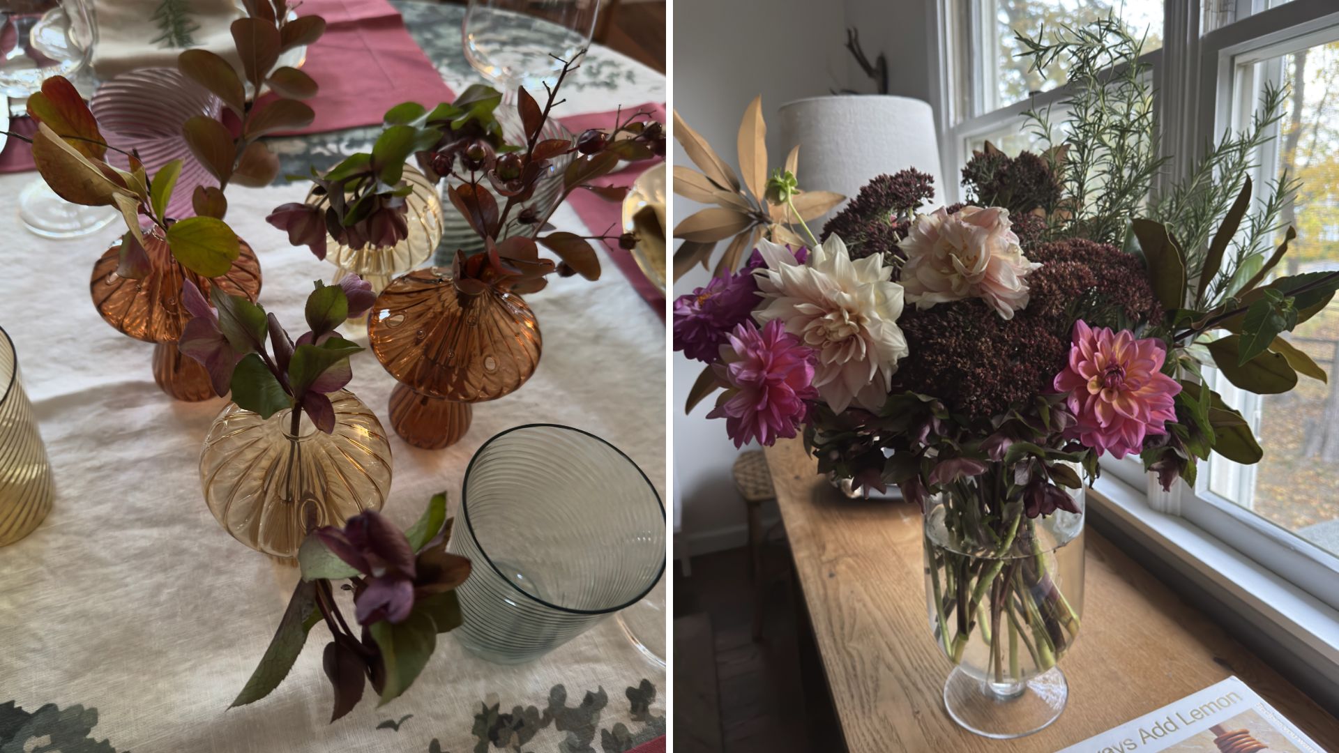 mushroom bud vases with stems in (left); vase of flowers on a windowsill (right)
