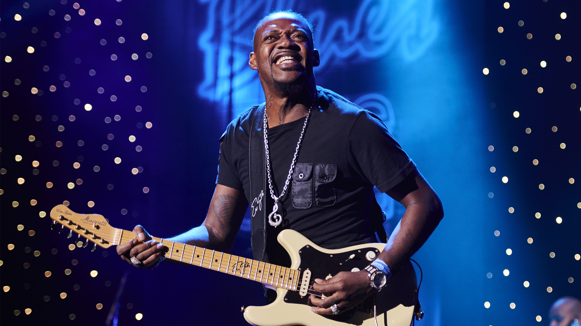 MEDITERRANEAN SEA - AUGUST 16: American blues rock guitarist Eric Gales performing live on stage during the Keeping The Blues Alive At Sea event on board the Norwegian Pearl cruise ship in the Mediterranean, on August 16, 2019. 