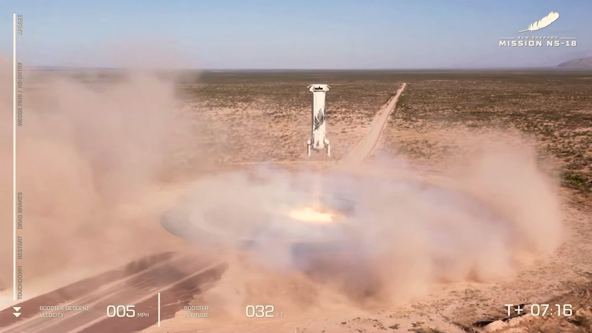 The NS-18 booster touches down at its landing pad on Oct. 13, 2021.