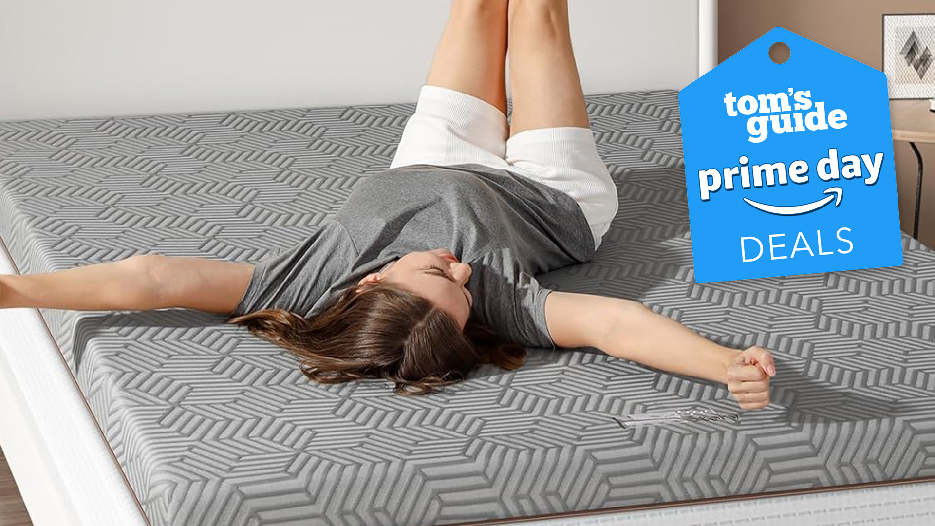 Best Prime Day deals for mattress toppers for back pain: Featuring a woman lying on her back on the BedStory Memory Foam Mattress Topper with TG Prime Day sale badge in top right corner