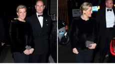 Composite of two pictures of Duchess Sophie wearing a slinky black dress and fluffy jacket as she attended the Exhibition of Opals by John Adie in 2016