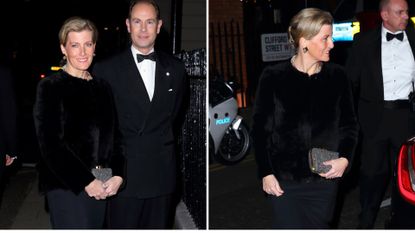 Composite of two pictures of Duchess Sophie wearing a slinky black dress and fluffy jacket as she attended the Exhibition of Opals by John Adie in 2016