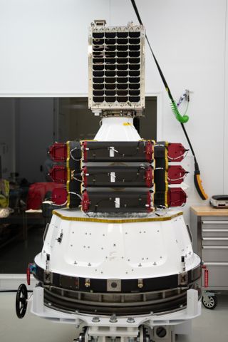 This Rocket Lab image shows the 10-satellite payload for the In Focus Electron mission. At top is the Canon Electronics CE-SAT-IIB satellite, with nine Planet SuperDove Earth-imaging satellites packed around the bottom.