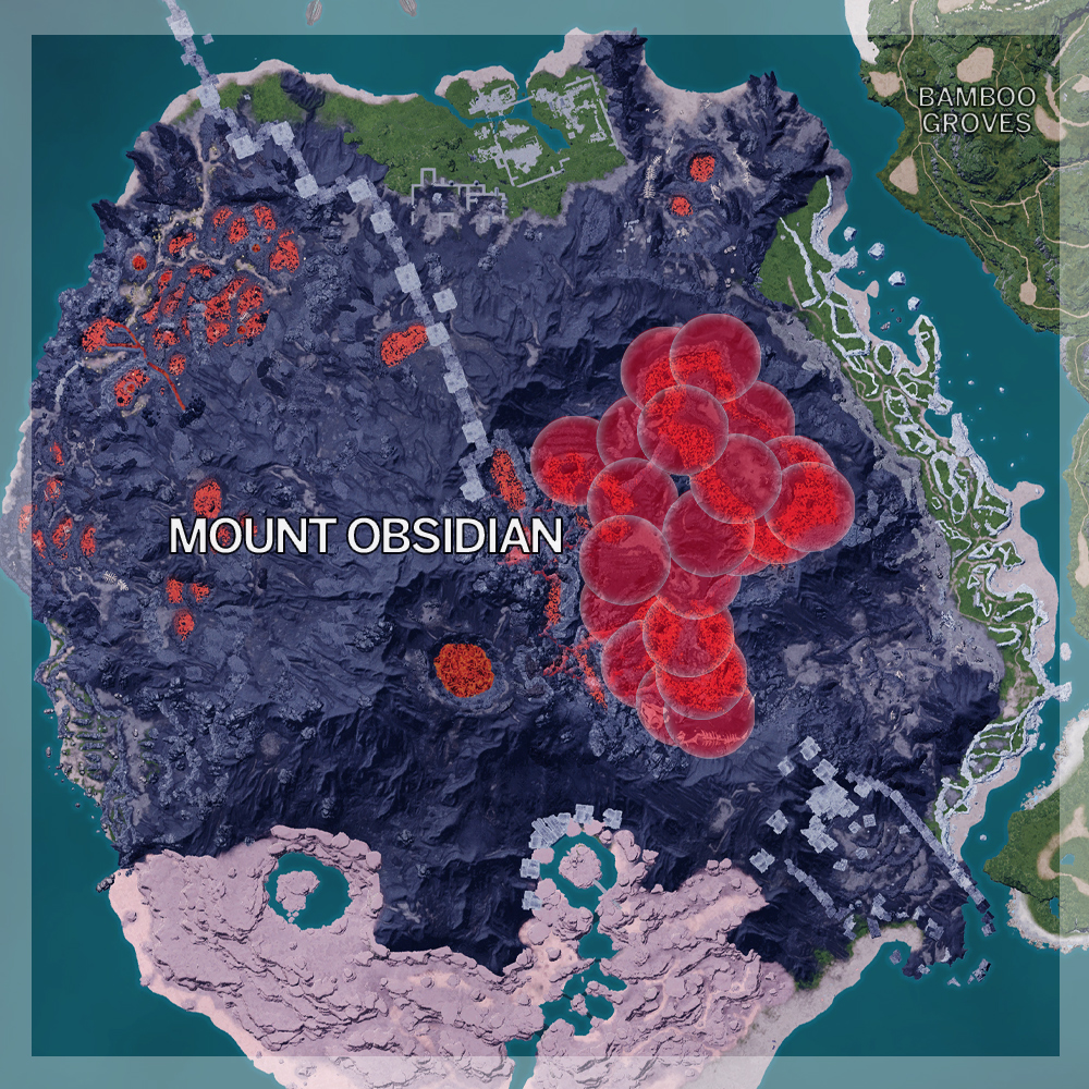 A map of Palworld 1.0's Mountain Obsidian region highlighting new pal locations