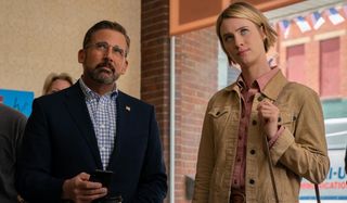 Irresistible Steve Carell and Mackenzie Davis watching TV at headquarters