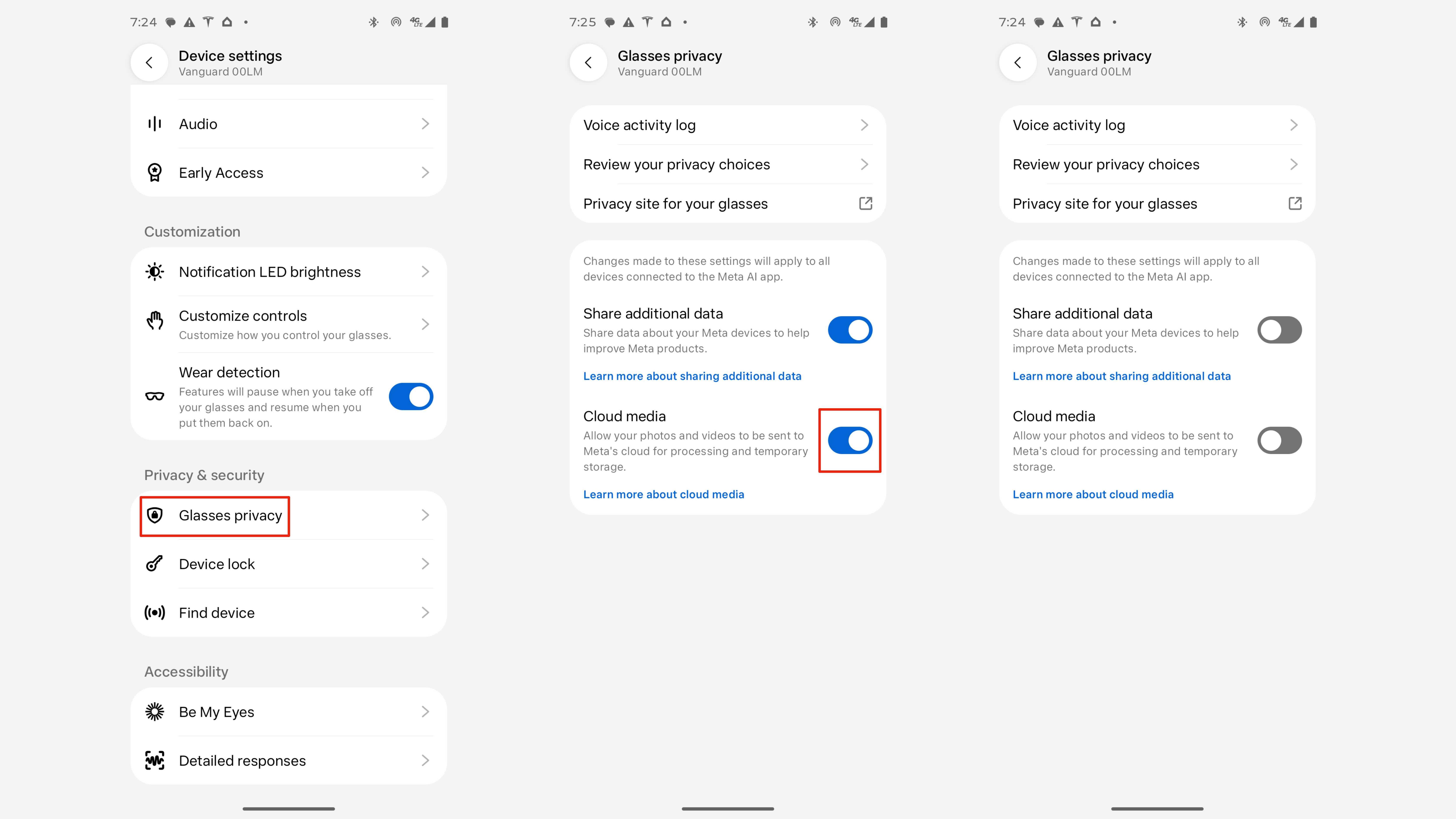 Steps for changing Meta smart glasses privacy settings in the Meta AI app.