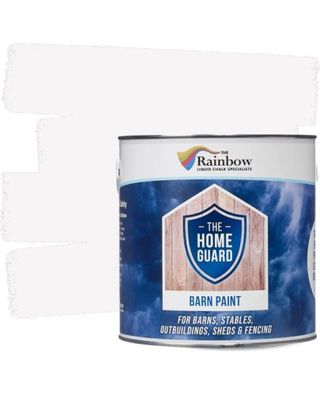 A blue and white tin of paint, with a white paint smear behind it on a white background