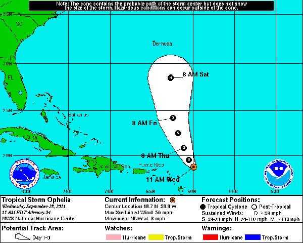 The projected 5-day path of Tropical Storm Ophelia.