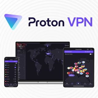 Proton VPN apps running on a laptop, phone, and tablet.