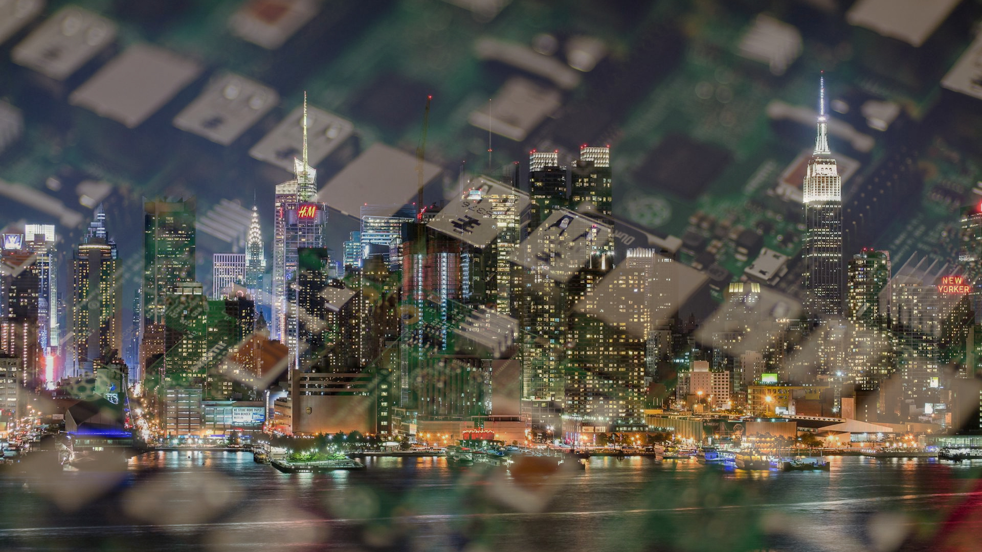 Raspberry Pis imposed over the New York skyline