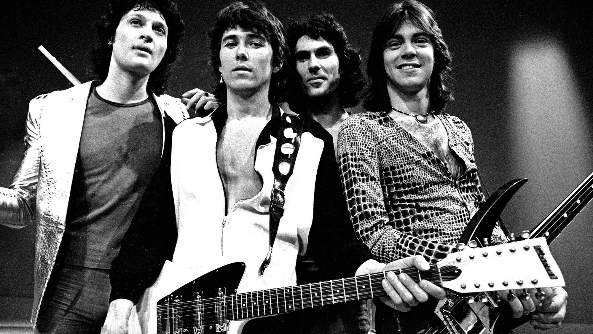 Golden Earring pose on the set of a TV show in 1974 in Hilversum, Netherlands. (L-R) Barry Hay, George Kooymans, Cesar Zuiderwijk and Rinus Gerritsen