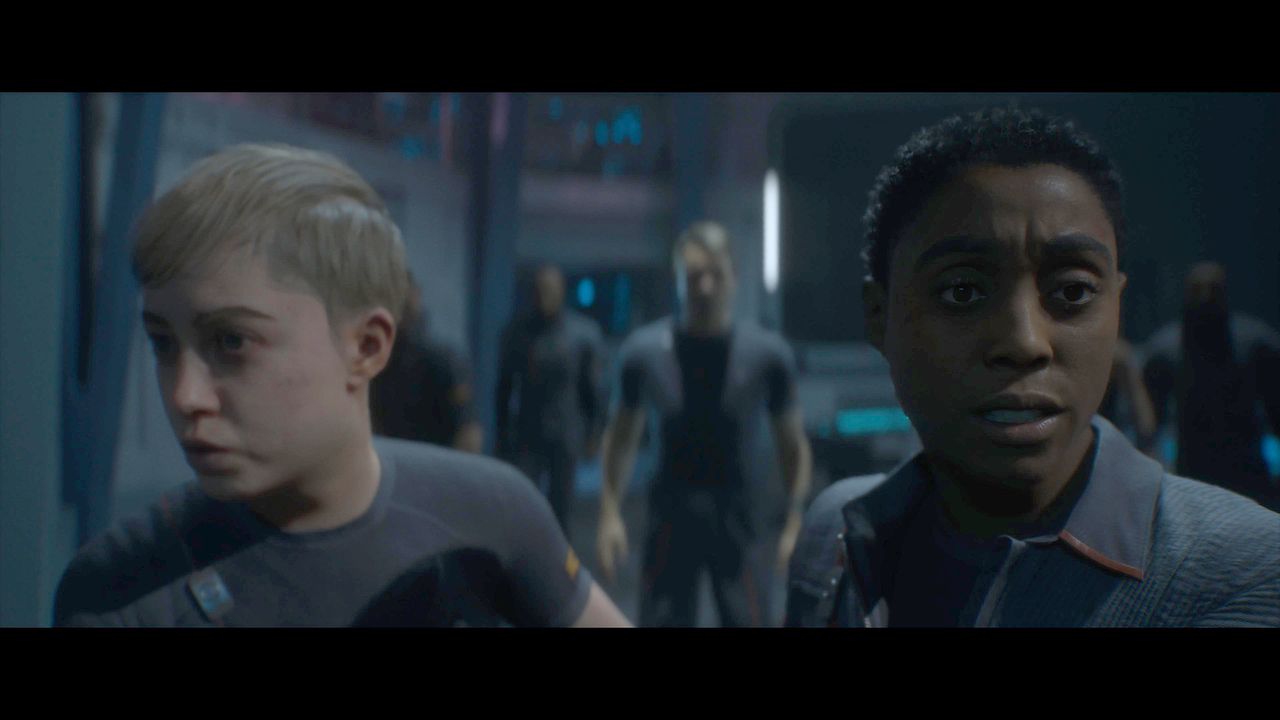Screens from video game Directive 8020, people in a crashed space ship