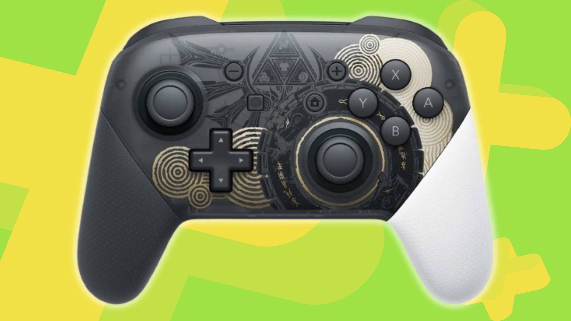 Image of the front of the Tears of the Kingdom Switch Pro Controller on a green GamesRadar+ background.