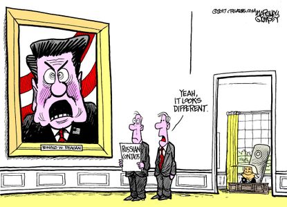 Political Cartoon U.S. President Trump Russian ties Ronald Reagan portrait