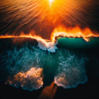 Overhead shot of a beach at sunrise with waves crashing around two surfers