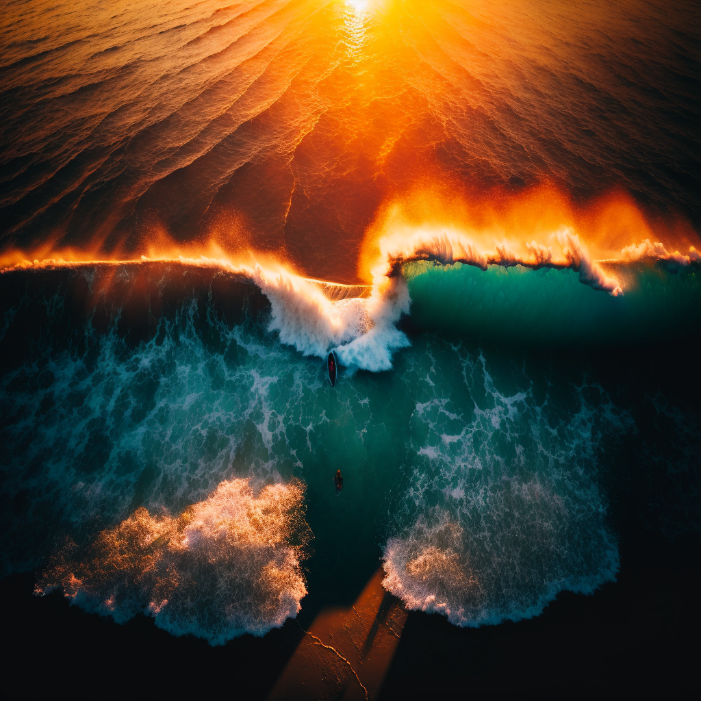 Drone shot of a beach at sunrise with waves crashing around two surfers