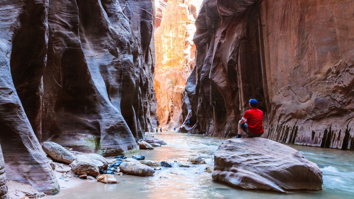 A hiker in a red shirt sits on a rock in the Narrows gorge Zion